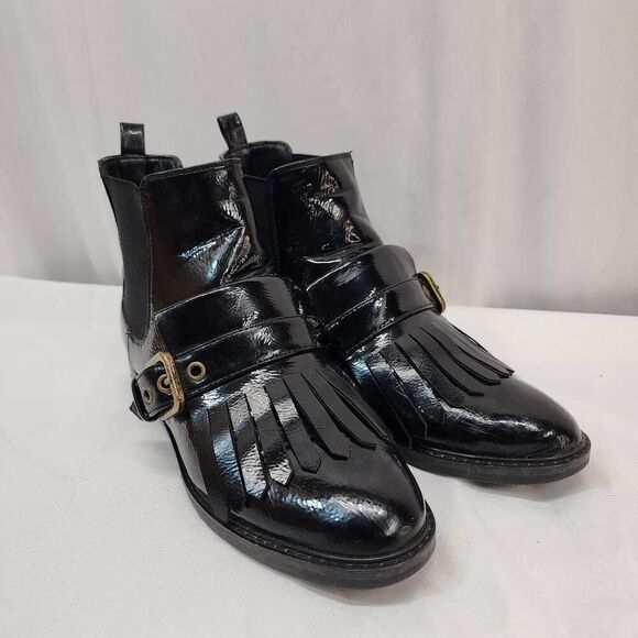 Marc Fisher Size 7 Brigita Black Kiltie Ankle Boots Patent Leather Fringe Buckle - Picture 1 of 9